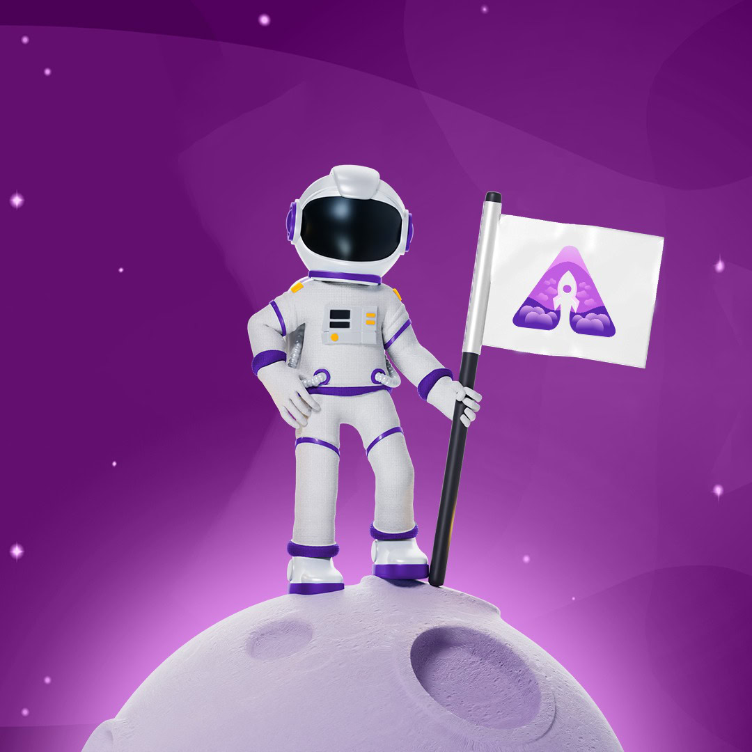 Astronaut auf lila Mond mit Flagge, symbolisiert Eröffnung der Web-Agentur.