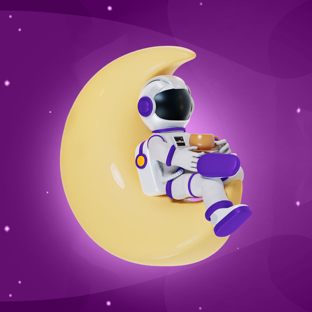 Astronaut auf Mond mit Tasse, symbolisiert Entspannung und Fokus.