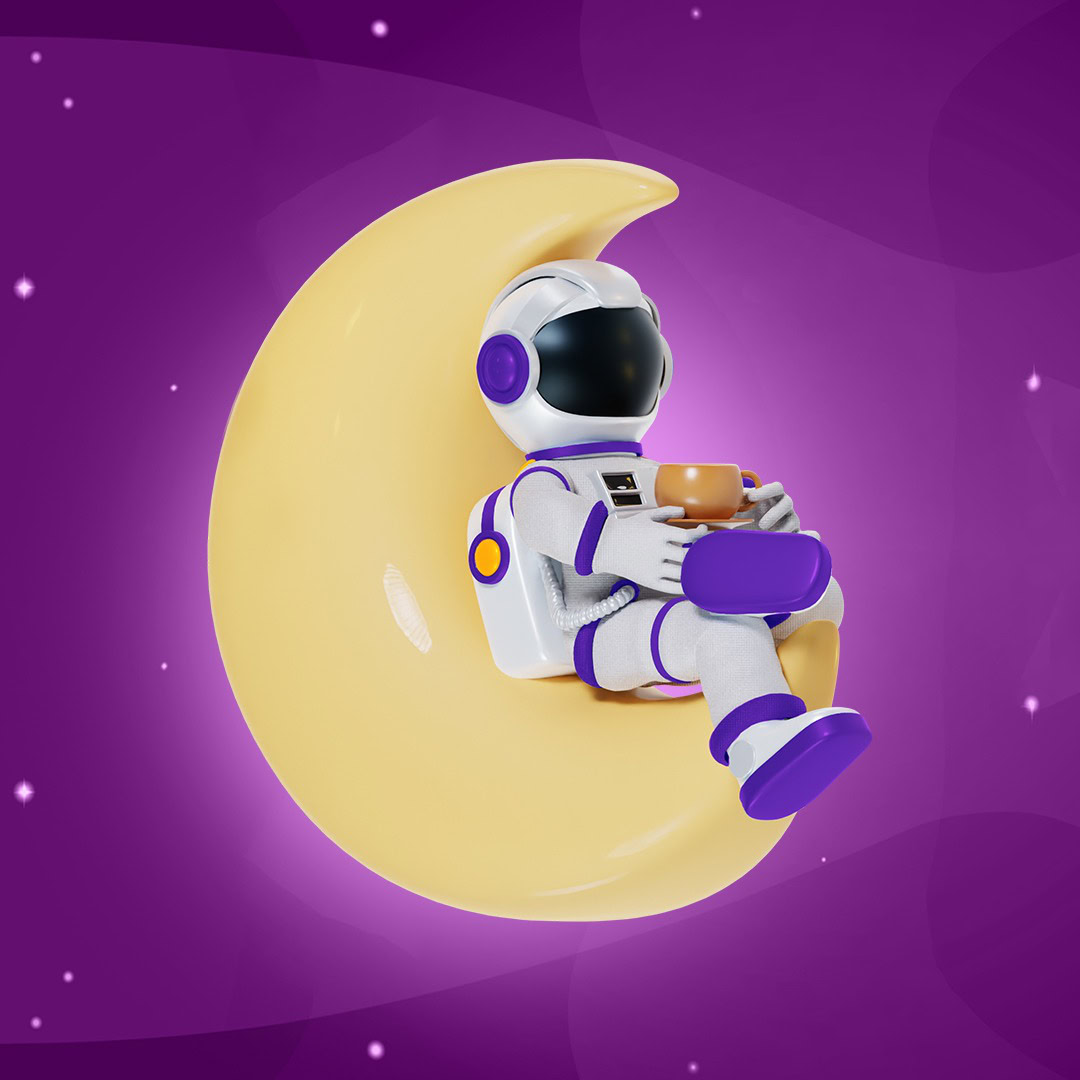 Astronaut auf Mond mit Tasse, symbolisiert Entspannung und Fokus.