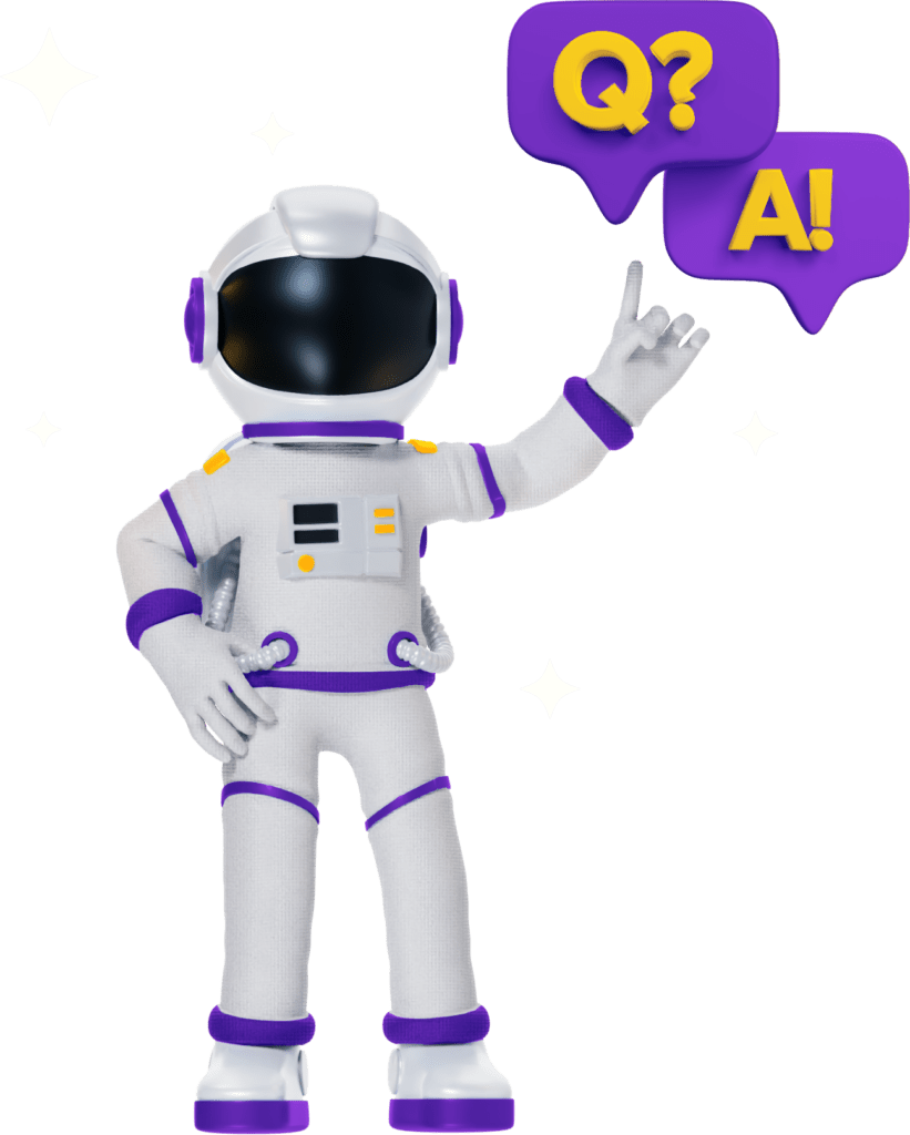 Astronaut zeigt auf Sprechblasen mit 'Q?' und 'A!', was Fragen und Antworten symbolisiert.