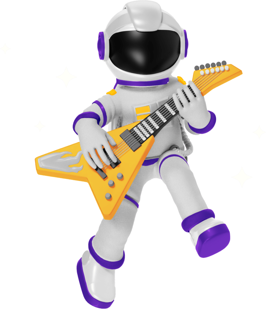 Astronaut spielt eine elektrische Gitarre in Weltraumanzug, schwebend vor transparentem Hintergrund.